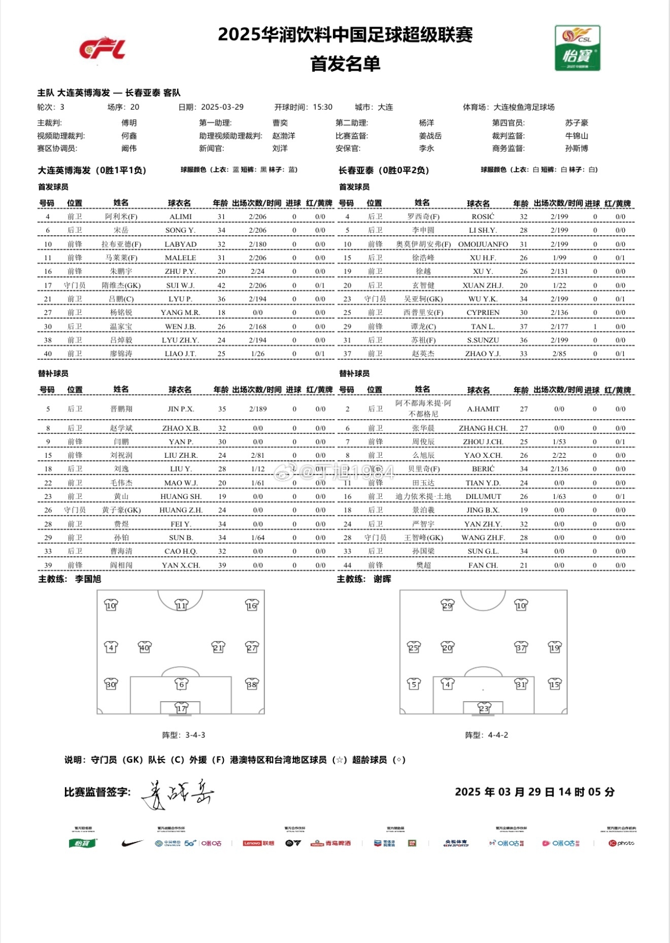 英博vs亚泰首发：3外援PK4外援！朱鹏宇、马莱莱先发，毛伟杰替补
